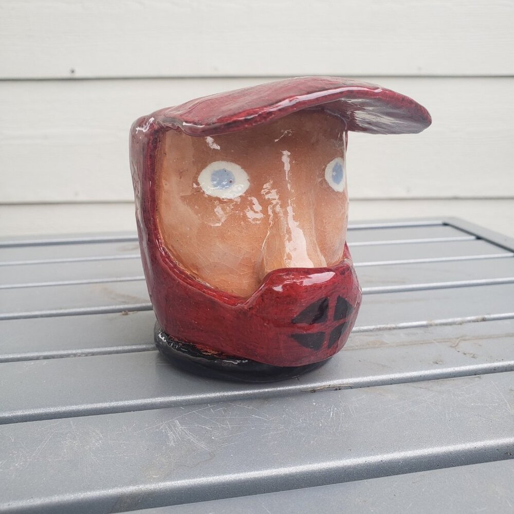 Handmade Hand Thrown‎ Ceramic Glazed Kitsch Motor Cross Rider Helmet Planter Cup